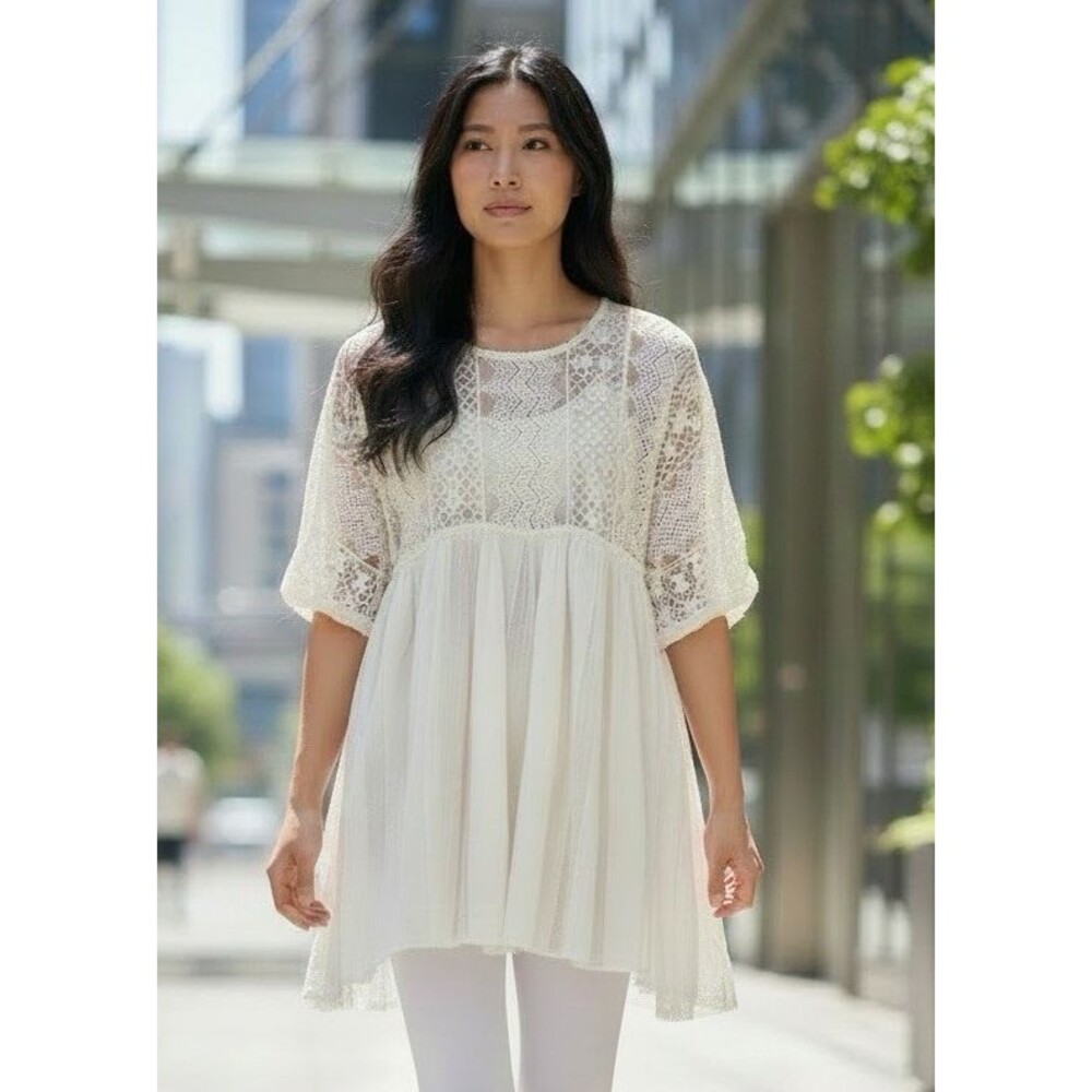 Free People NEW! palest pink lacy sheer short sleeve mesh oversized top M/L